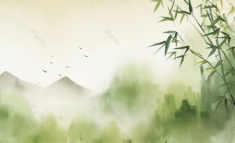 彩色的水彩风格春天夏天季节山川云雾弥漫和竹子竹叶茁长生长文艺插画背景,插画/手绘图,插画/手绘图库,插画/手绘图下载,插画/手绘